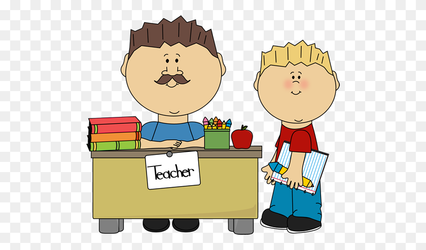 500x434 Male Teacher And Student Community Theme Workers And Leaders - Teacher Meeting Clipart