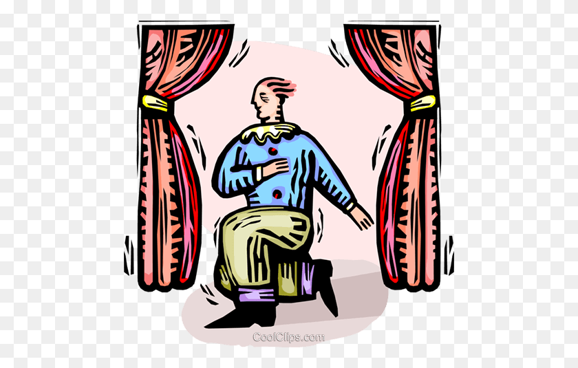 Man Acting On Stage Royalty Free Vector Clip Art Illustration - Theatre Curtains Clipart