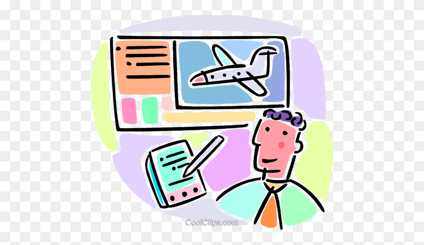 480x426 Man Booking Flight Reservations Royalty Free Vector Clip Art - Plane Ticket Clipart