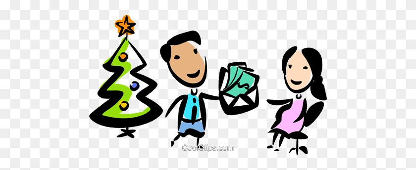480x284 Man Handing A Woman A Christmas Card Royalty Free Vector Clip Art - Christmas Greetings Clipart