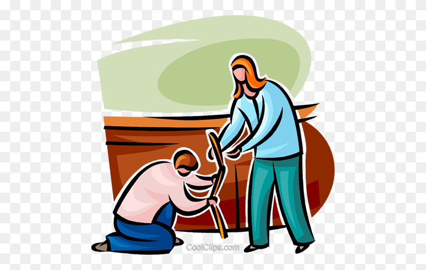 480x472 Man Helping A Woman With Her Cane Royalty Free Vector Clip Art - Helping Someone Clipart
