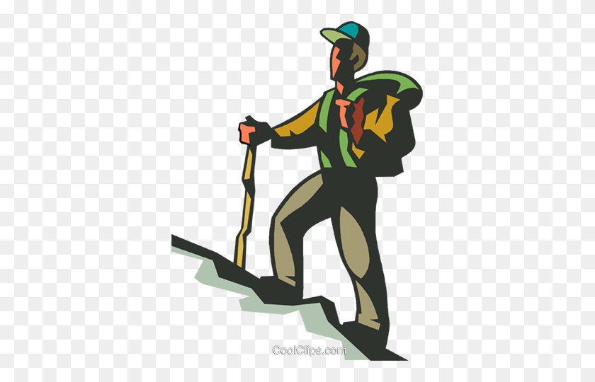 355x480 Man Hiking Up Hill Royalty Free Vector Clip Art Illustration - Over The Hill Clipart