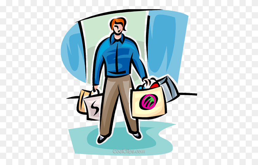 444x480 Man Holding Lost Of Shopping Bags Royalty Free Vector Clip Art - Shopper Clipart