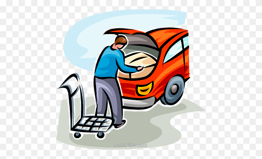 480x449 Man Loading His Car With A Box Royalty Free Vector Clip Art - Cool Car Clipart