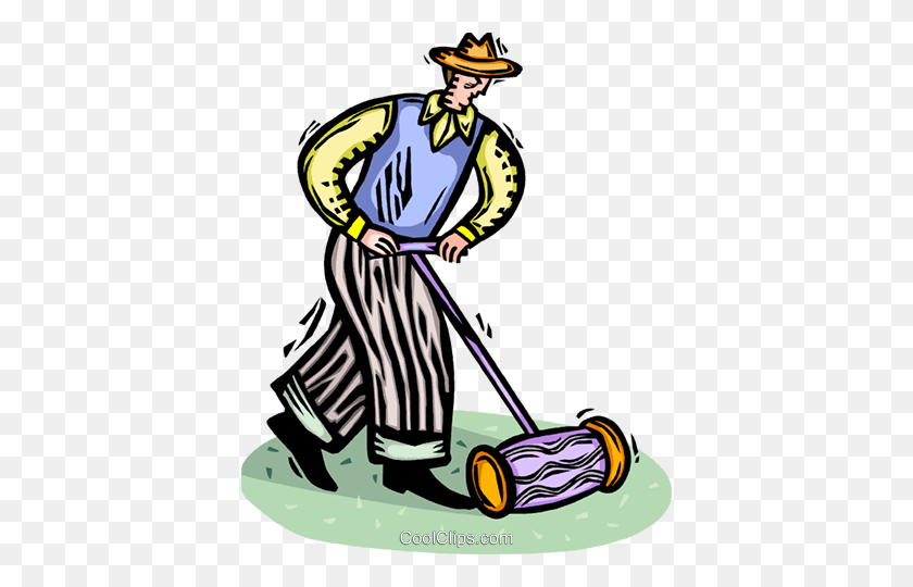 396x480 Man Mowing The Lawn Royalty Free Vector Clip Art Illustration - Mowing Grass Clipart