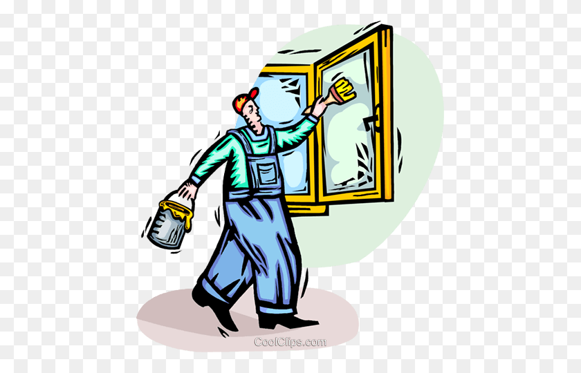 445x480 Man Painting A Window Frame Royalty Free Vector Clip Art - Window Frame Clipart