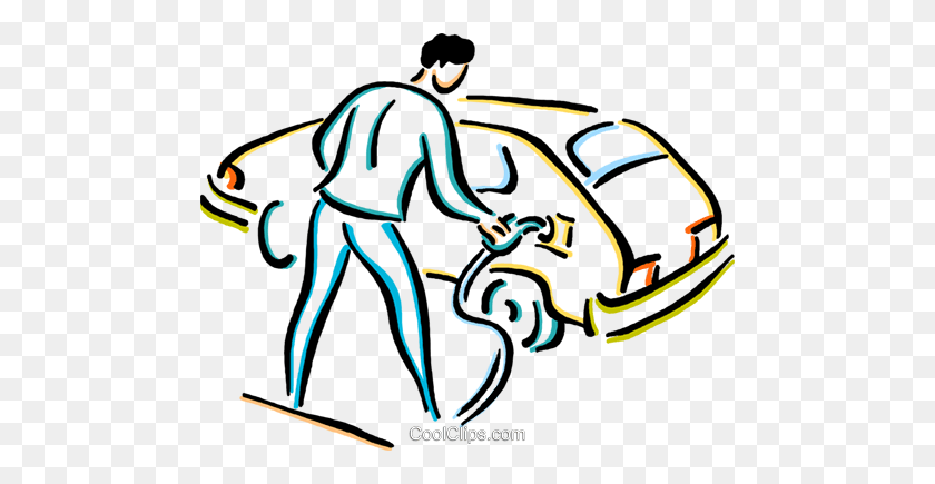 480x375 Man Putting Gas In His Car Royalty Free Vector Clip Art - Gasoline Clipart