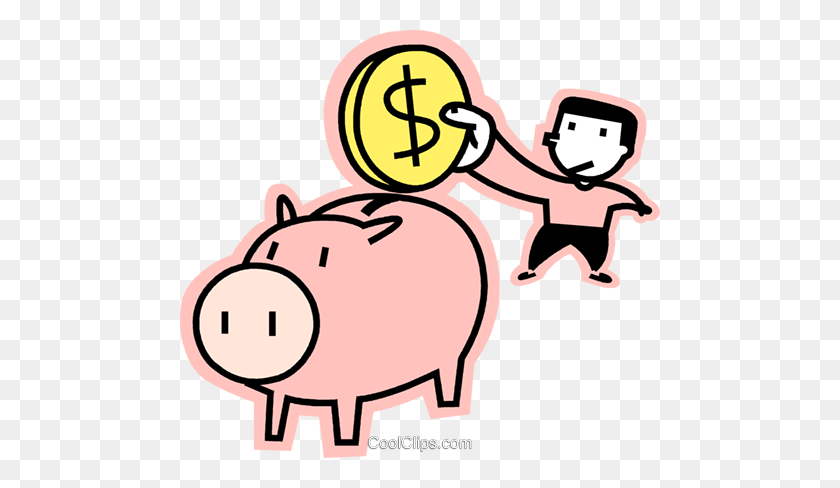 480x428 Man Putting Money In His Piggy Bank Royalty Free Vector Clip Art - Piggy Bank Clipart Free