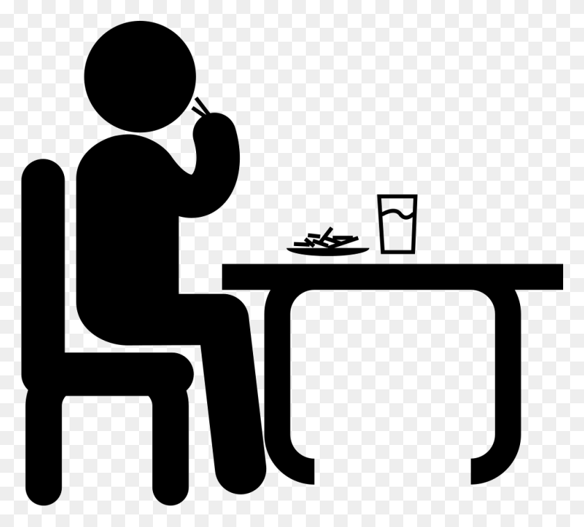 981x879 Hombre Sentado Delante De Una Mesa Comiendo Y Bebiendo Mientras Tiene - Persona Sentada Png