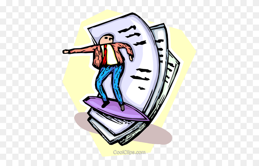 435x480 Man Surfing On Waves Of Paperwork Royalty Free Vector Clip Art - Surfing Wave Clipart