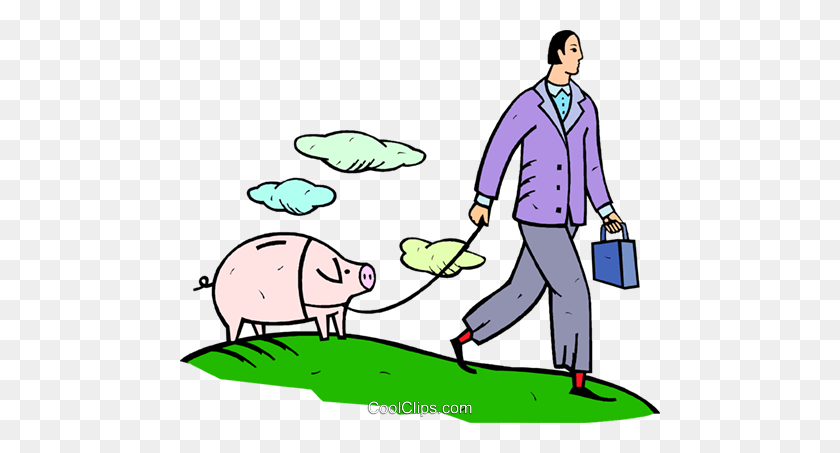 480x393 Man Walking A Piggy Bank Royalty Free Vector Clip Art Illustration - Piggy Bank Clipart Free