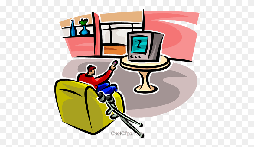 480x427 Man Watching Tv With Crutches Royalty Free Vector Clip Art - Watching Tv Clipart