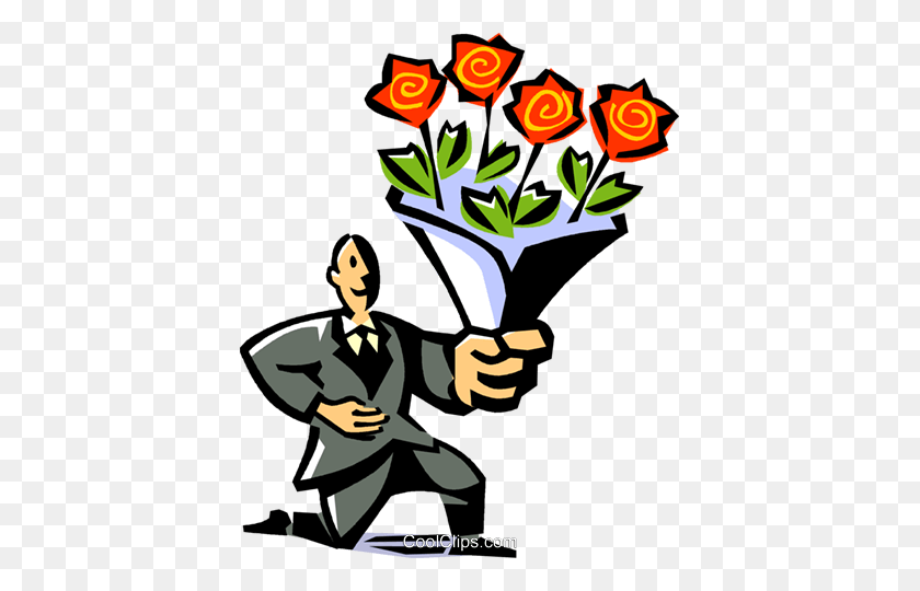 401x480 Man With A Bouquet Of Roses Royalty Free Vector Clip Art - Bouquet Of Roses Clipart
