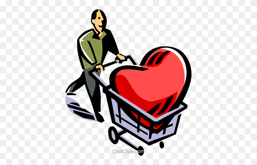 412x480 Man With A Heart In A Shopping Cart Royalty Free Vector Clip Art - Shopping Cart Clipart