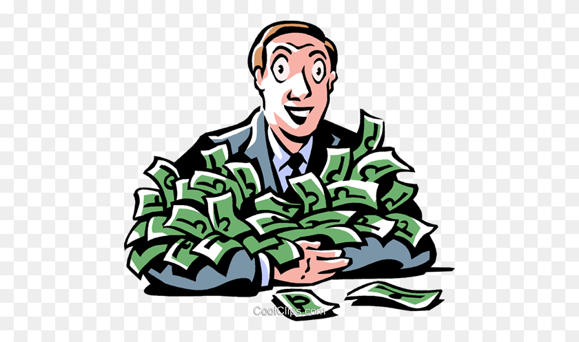 480x437 Man With Loads Of Money Royalty Free Vector Clip Art Illustration - Wealth Clipart