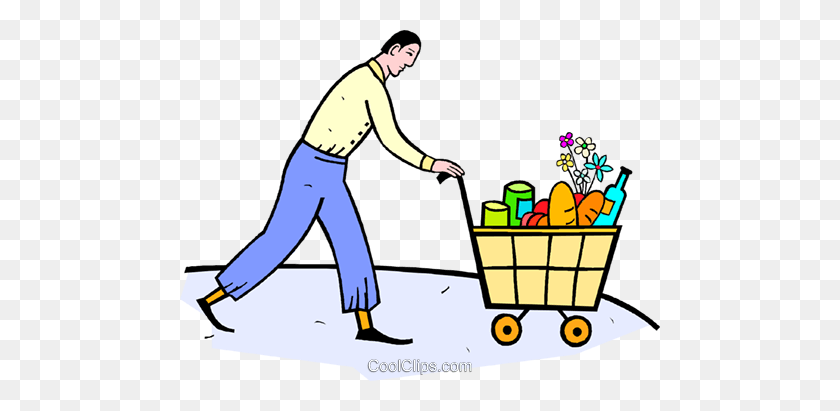 480x351 Man With Shopping Cart Of Groceries Royalty Free Vector Clip Art - Go Shopping Clipart