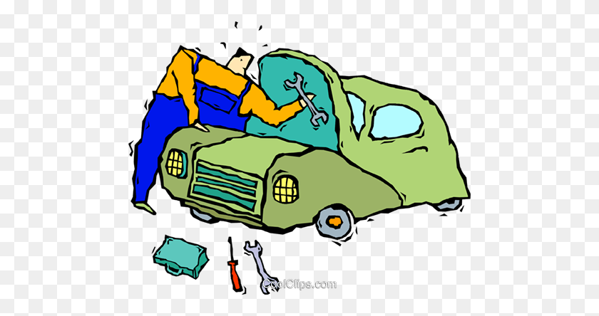 480x384 Mechanic Fixing A Car Royalty Free Vector Clip Art Illustration - Mechanic Clipart