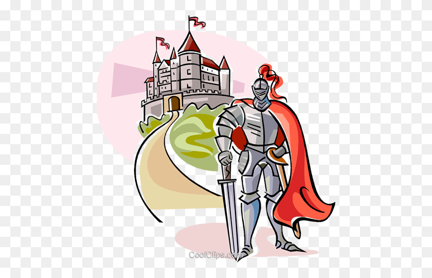 464x480 Caballero Medieval Con Castillo Royalty Free Vector Clipart - Medieval Knight Clipart