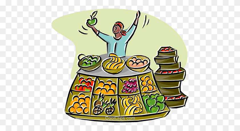 480x400 Merchant Selling Fruits And Vegetables Royalty Free Vector Clip - Fruit And Veg Clipart