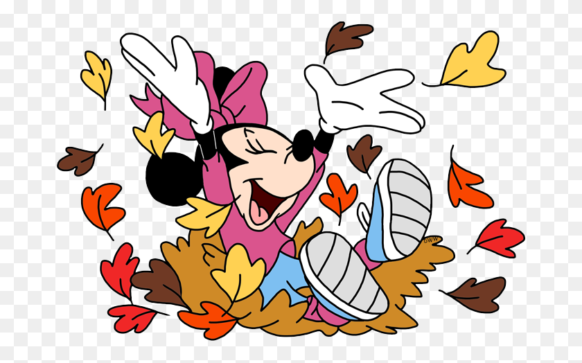 682x464 Minnie Mouse Jumping In A Pile Of Fall Leaves Clip Art Disney - Poncho Clipart
