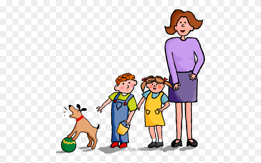 480x464 Mother With Children And Dog Royalty Free Vector Clip Art - Parent Child Clipart