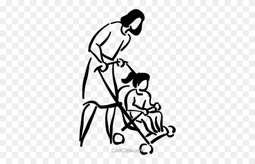 318x480 Mother With Daughter In A Stroller Royalty Free Vector Clip Art - Mother Clipart Black And White