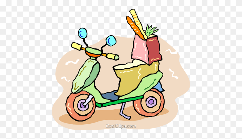 480x422 Motor Scooter With A Bag Of Groceries Royalty Free Vector Clip Art - Grocery Bag Clipart