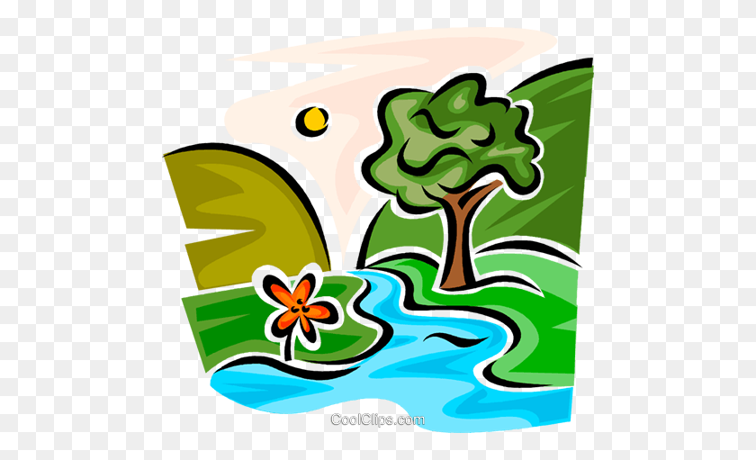 480x451 Mountain Creek With Trees Royalty Free Vector Clip Art - Creek Clipart