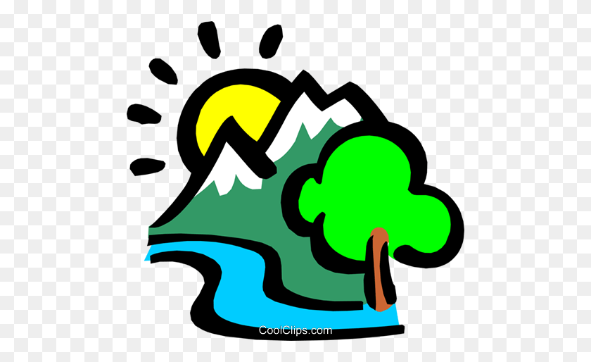 480x454 Mountains With The Sun And River Royalty Free Vector Clip Art - River Clipart Free