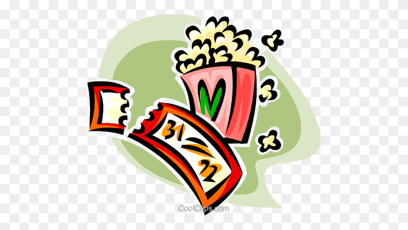 480x415 Movie Ticket And Popcorn Royalty Free Vector Clip Art Illustration - Movie Ticket Clipart