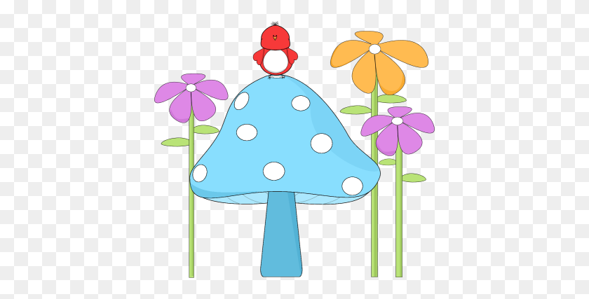 400x367 Mushroom With A Bird And Flowers Clip Art Mushroom With A Bird - Teal Flower Clipart