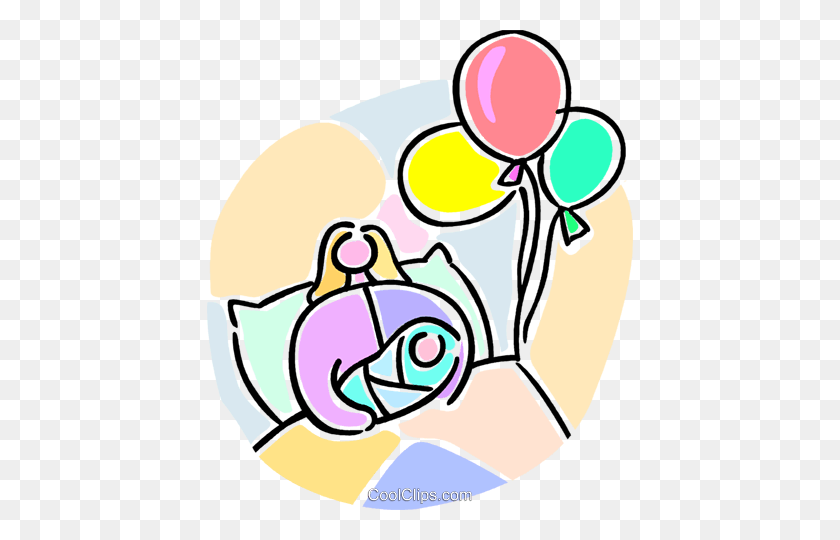 426x480 Newborn Baby And Balloons Royalty Free Vector Clip Art - Newborn Baby Clipart