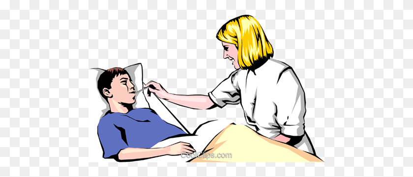 480x301 Nurse Checking For A Fever Royalty Free Vector Clip Art - Nurse And Patient Clipart