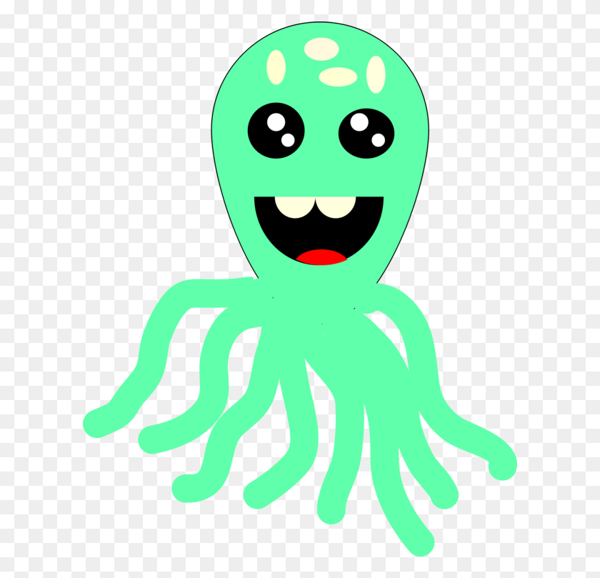 608x749 Octopus Smiley Green Line Animal - Octopus Clipart PNG