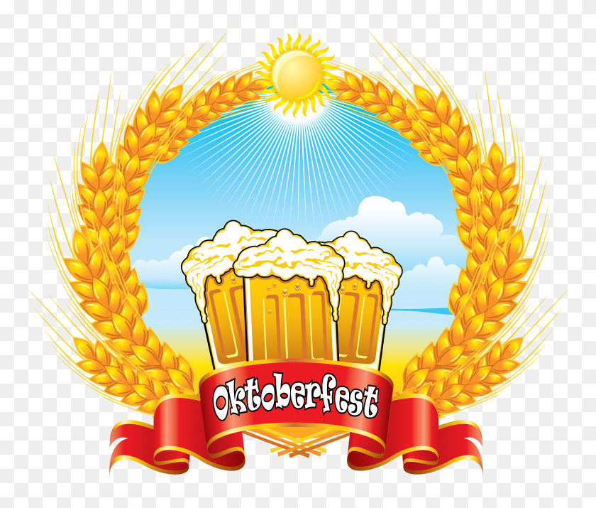 6271x5267 Oktoberfest Red Banner With Beer Mugs And Wheat Png Clipart - Garden Party Clip Art