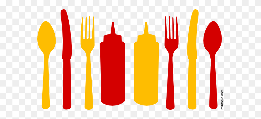 600x325 Orange And Red Utensils And Ketchup Mustard Bottles Clip Art - Mustard Clipart