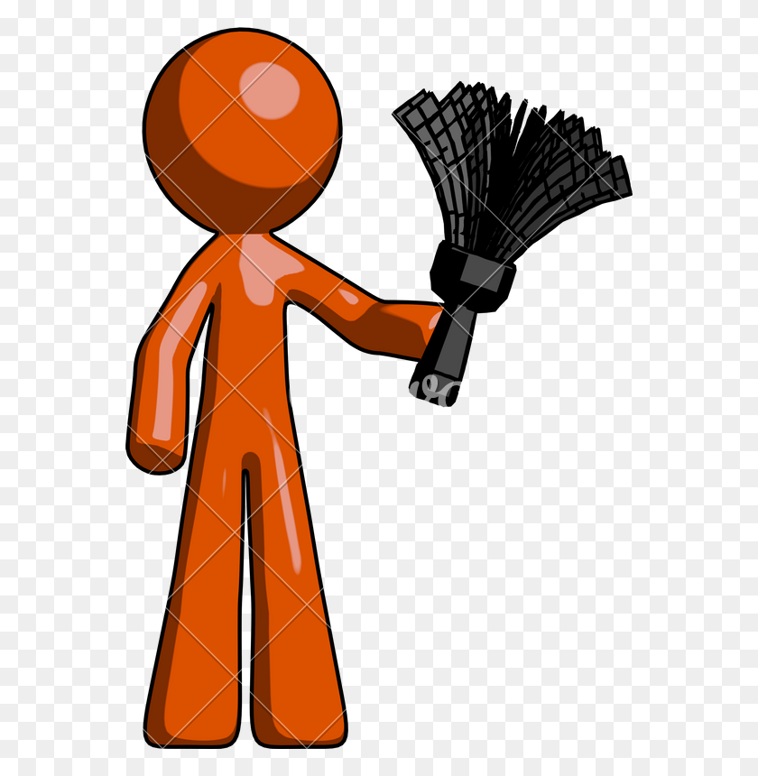 562x800 Orange Design Mascot Man Holding Feather Duster - Feather Duster Clipart