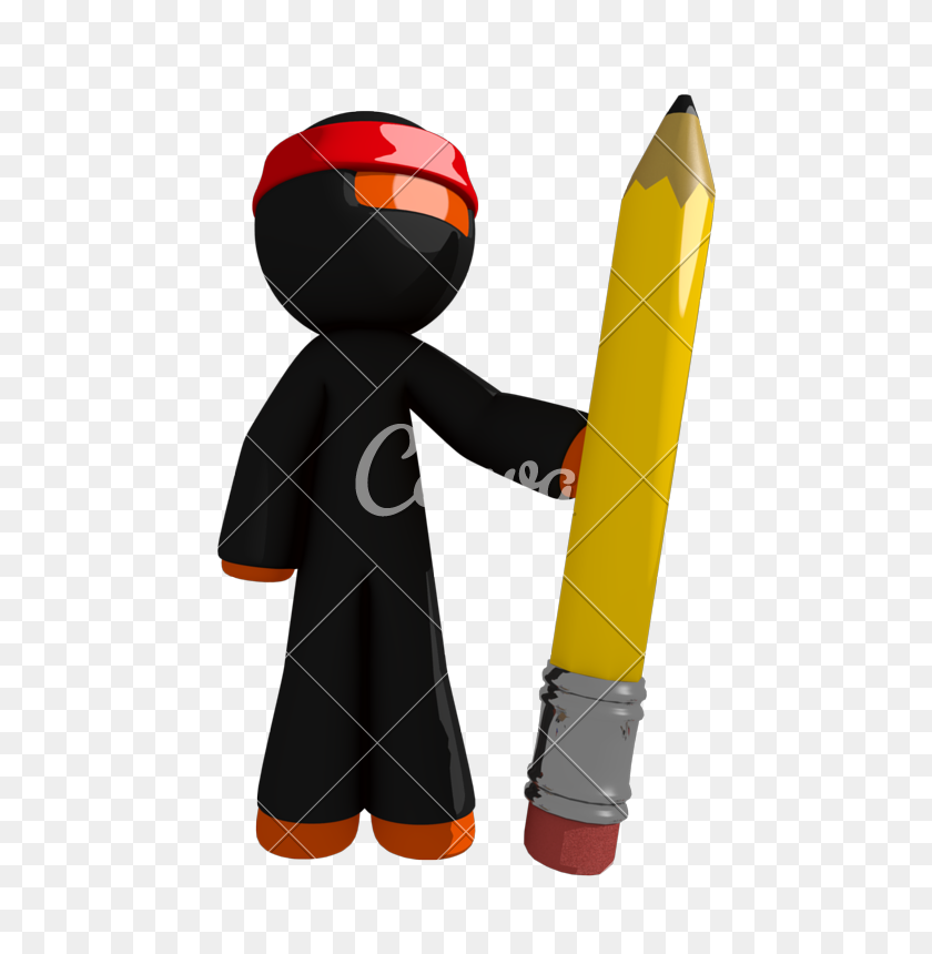 558x800 Orange Man Ninja Warrior Holding Giant Pencil - Hand Holding Pencil Clipart