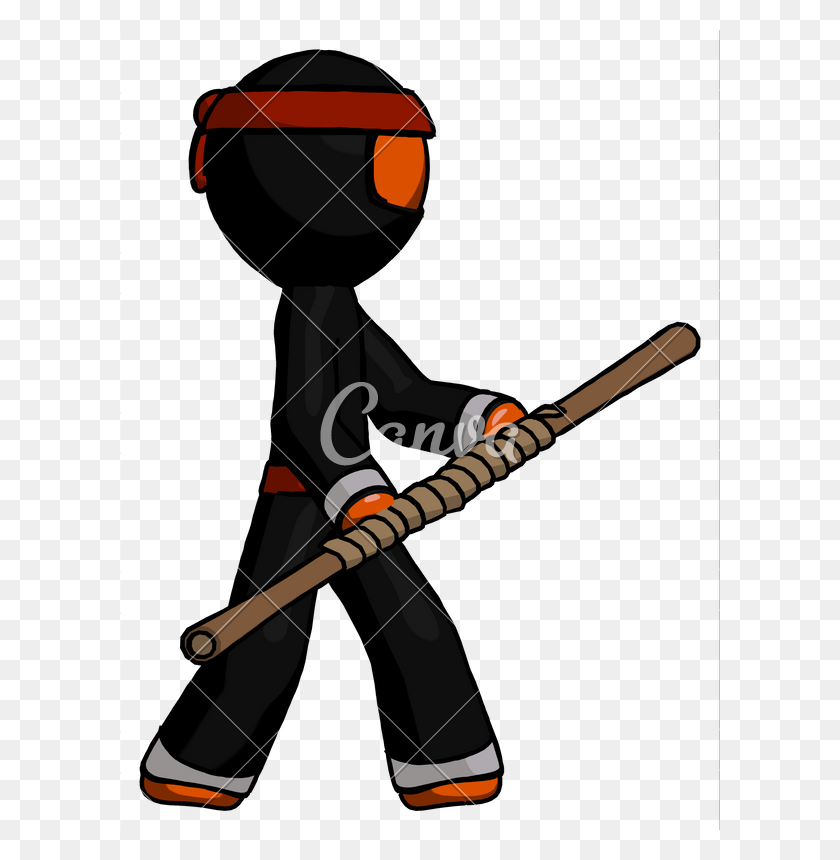 600x800 Orange Ninja Warrior Man Holding Bo Staff In Sideways Defense Po - Ninja Warrior Clipart