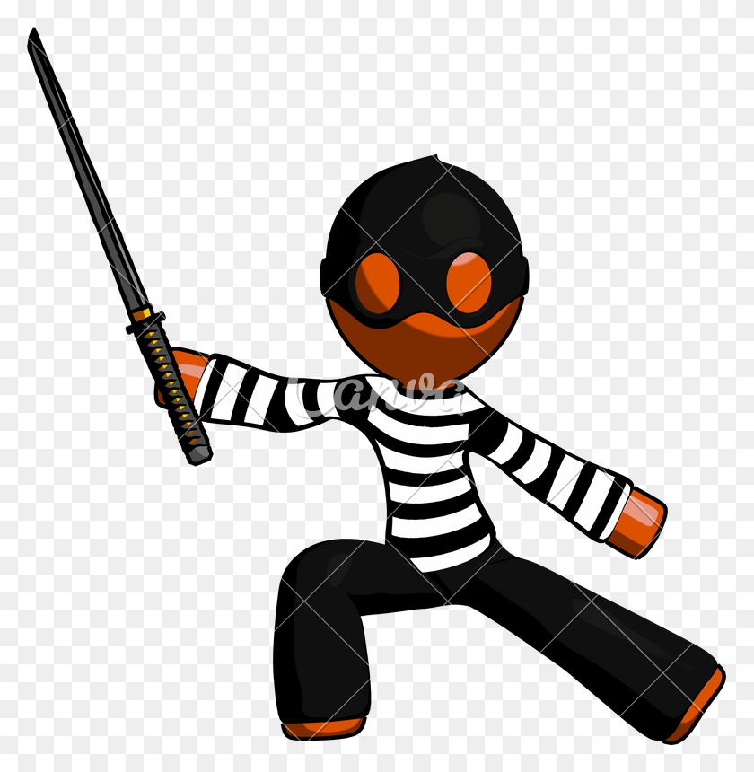 779x800 Orange Thief Man With Ninja Sword Katana In Defense Pose - Ninja Sword PNG