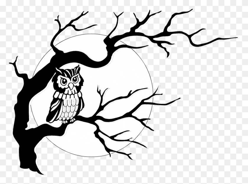 958x692 Сова Стоковое Фото Иллюстрация Совы На Дереве Спереди - Черно-Белый Клипарт Луны