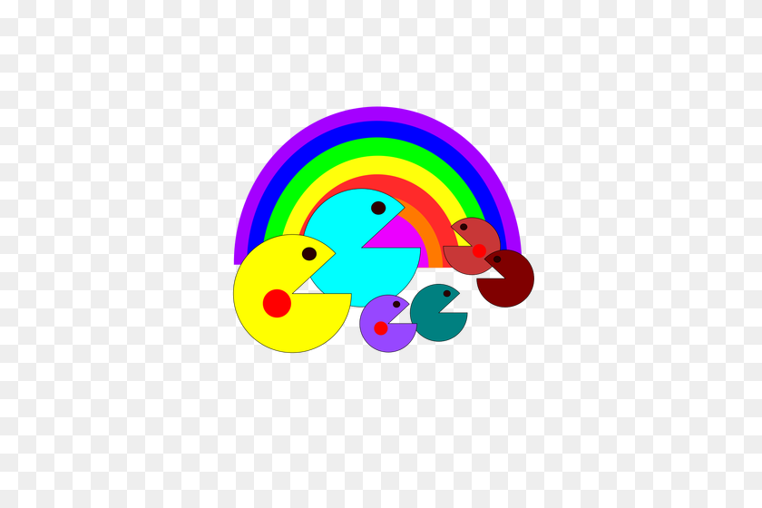 353x500 Pacman Family In Front Of A Rainbow Vector Clip Art Public - Pacman Clipart