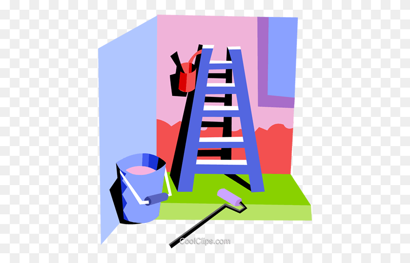 438x480 Paint Ladder With Bucket And Tools Royalty Free Vector Clip Art - Paint Bucket Clipart