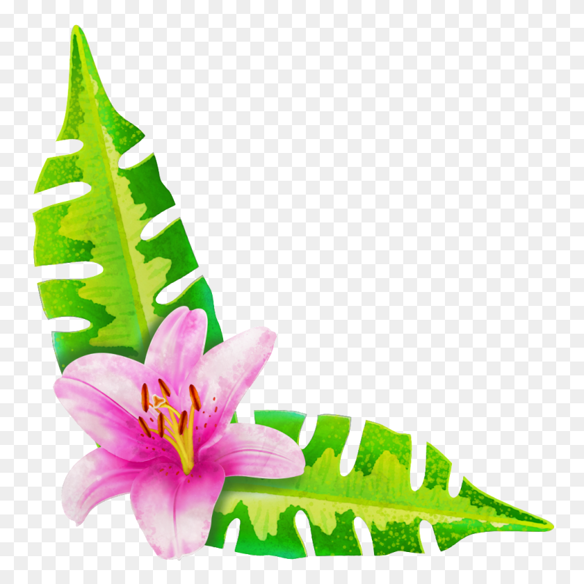 1024x1024 Painted A Flower Two Leaves Png Transparent Free Png Download - Green Leaves PNG