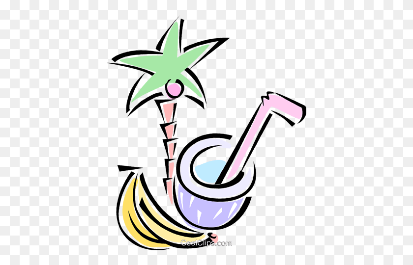 407x480 Palm Tree, Bananas, And A Coconut Drink Royalty Free Vector Clip - Palm Tree With Coconuts Clipart