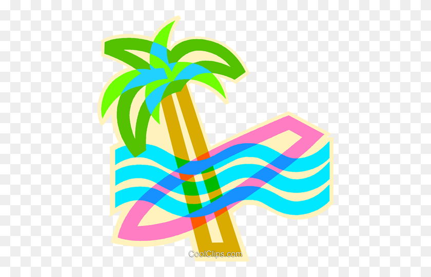 460x480 Palm Tree With Surfboard Royalty Free Vector Clip Art Illustration - Surfboard Clipart Free