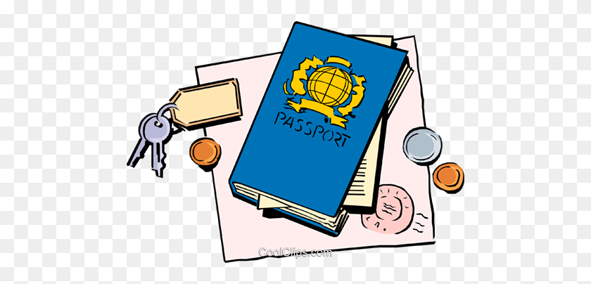 480x344 Passport With Keys And Change Royalty Free Vector Clip Art - Realistic Fiction Clipart