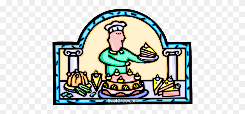 480x334 Pastry Chef With Cakes And Pastries Royalty Free Vector Clip Art - Pastry Chef Clipart