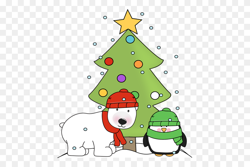 453x500 Penguin, Polar Bear, And Christmas Tree In The Snow Clip Art - Snow Covered Trees Clipart