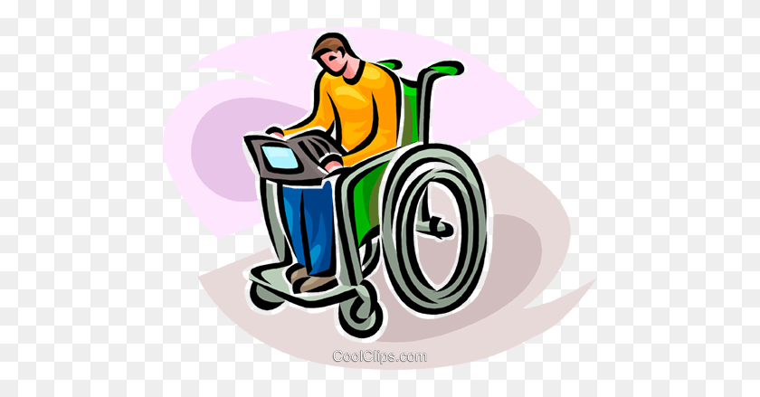 480x379 Person In Wheelchair Working On Computer Royalty Free Vector Clip - Wheelchair Clipart Free